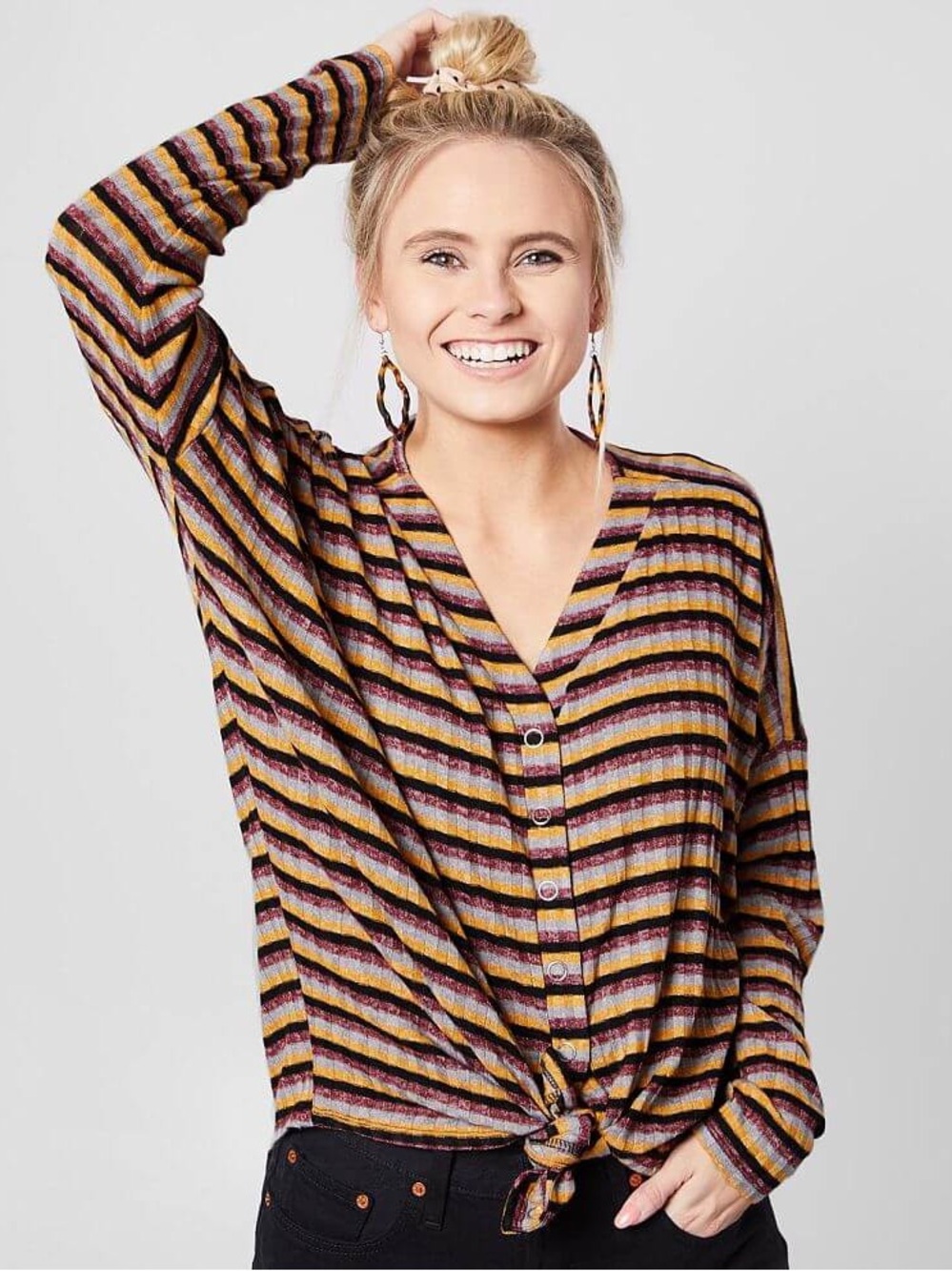 BKE Striped Drop Shoulder Top Ribbed Snap Down Multicolored Women’s M Mustard
